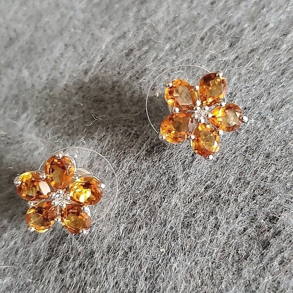 Citrine Flower Stud Earrings Platinum Over Sterling Silver